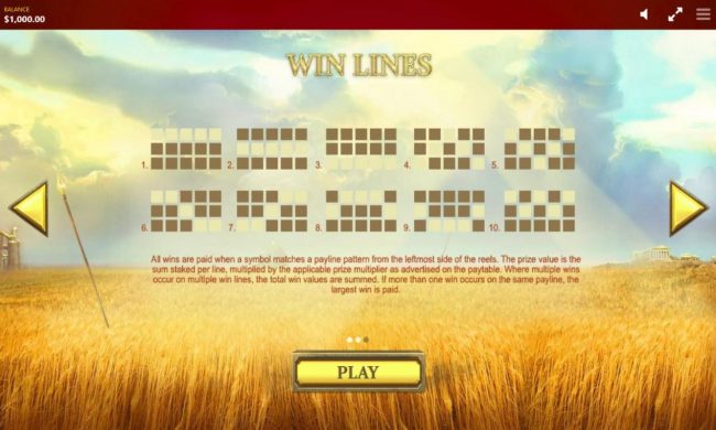 Payline Diagrams 1-10. All wins are paid when a symbol matches a payline pattern from leftmost side of the reels.