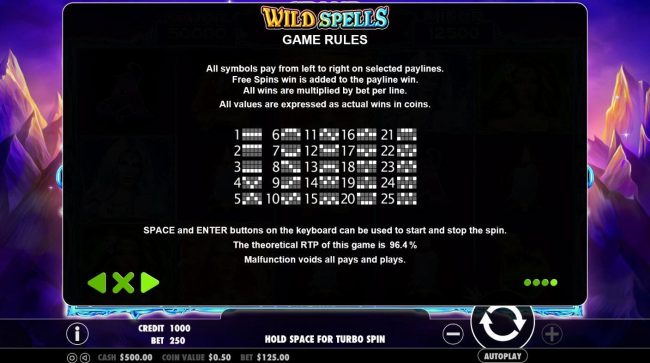 Slot game symbols paytable and Payline Diagrams 1-25