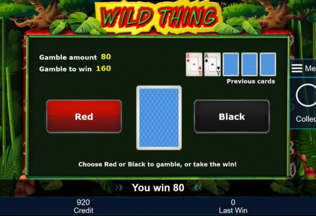 Gamble Feature Rules - The feature is available after each winning spin. Last win amount becomes your stake in the Gamble game. Your goal is to guess the color of the next card.