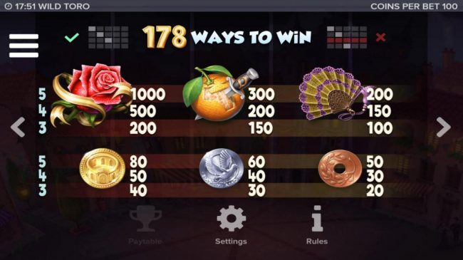 178 Ways to Win and Slot game symbols paytable.