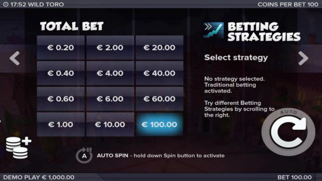 Clicking the coin icon on screen to bring up a list of available betting options.