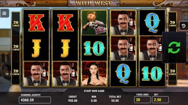 Main game board featuring five reels and 20 paylines with a $2,500 max payout.