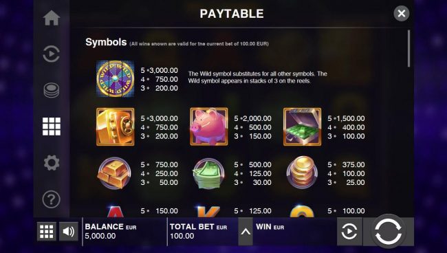 High value slot game symbols paytable