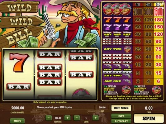 Main game board featuring three reels and 1 paylines with a $1,500,000 max payout