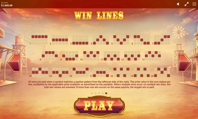 Payline Diagrams 1-20. All wins are paid when a symbol matches a payline pattern from the leftmost side of the reels.