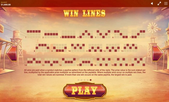 Payline Diagrams 1-20. All wins are paid when a symbol matches a payline pattern from the leftmost side of the reels.