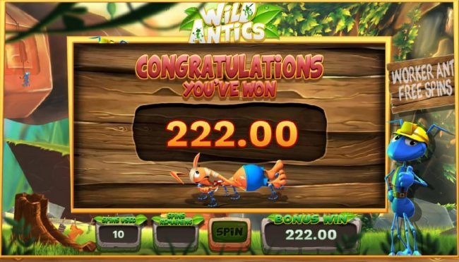 The free spins feature pays out a total of 222.00 for a big win.