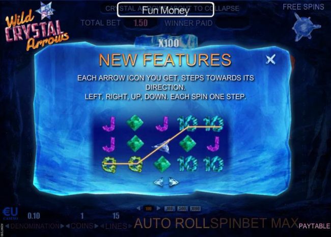New features - Each arrow icon you get, steps towards its direction. left, right, up, down. Each spin one step.