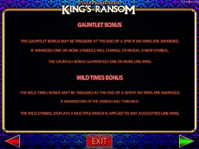 Gauntlet Bonus and Wild Times Bonus Game Rules