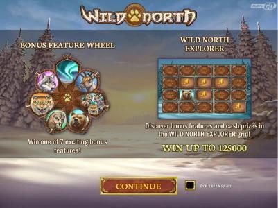 Bonus Wheel feature - Win one of 7 exciting bonus features! Wild North Explorer - Discover bonus features and cash prizes in the Wild North Explorer grid. Win up to 125,000