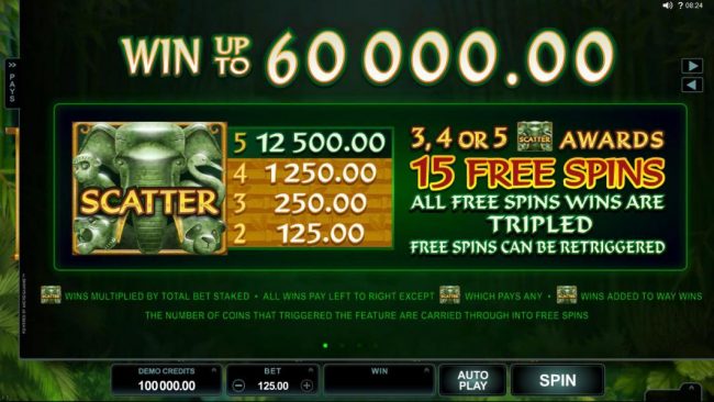 Win up to 60,000.00! 3, 4 or 5 elephant scatter symbols awards 15 free spins. All free spins are tripled. Free spins can be re-triggered.
