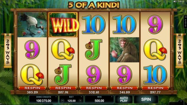 A natural five of a kind triggers a 500.00 big payout.