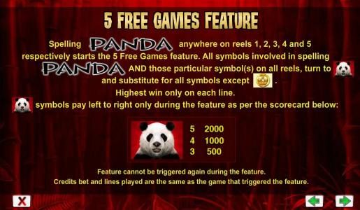 5 free games feature, spelling PANDA anywhere on reels 1, 2, 3, 4 and 5 starts the free games feature