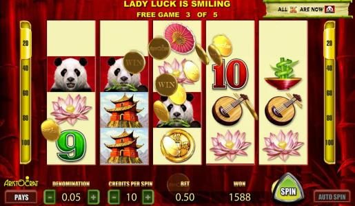 1588 coin big win jackpot triggered during free games feature