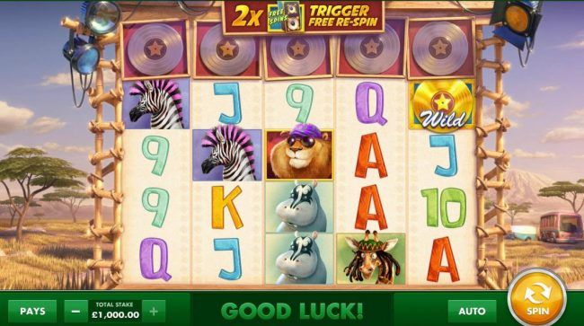 Main game board based on an African safari theme, featuring five reels and 40 paylines with a $100,000 max payout