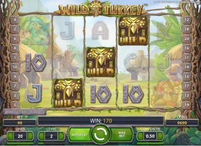 three wild symbols triggers a 170 coin jackpot and the free spins feature