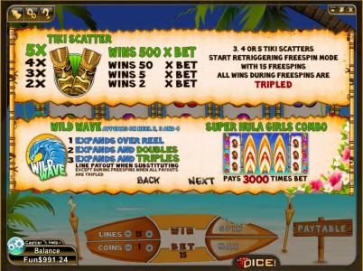 tiki scatter, wild wave and super hula girls combo paytable and rules