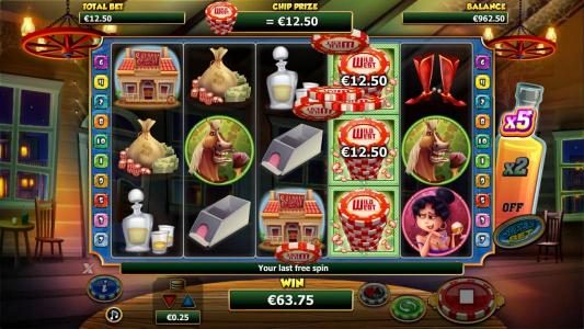 Each chipstack symbol awards a prize equal to the base game line bet during the free games feature.