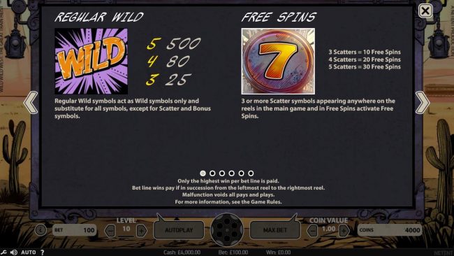 Regular wild symbols act as wild symbols only and substitute for all symbols except scatters and bonus symbols. 3 or more scatter appearing on reels in main game and free spins activate free spins.