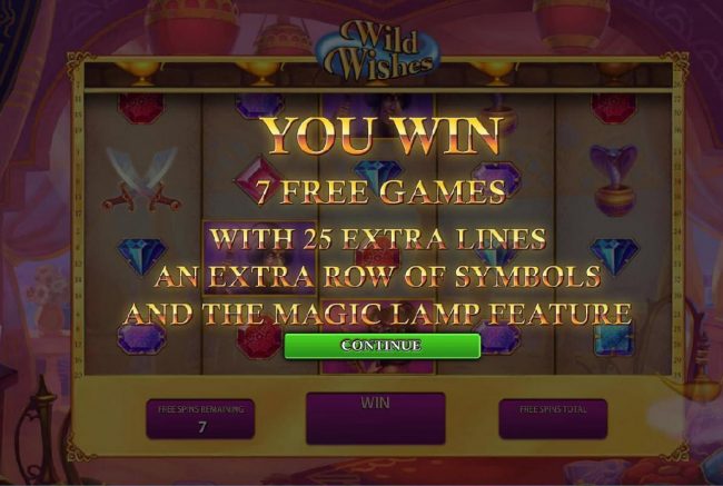 7 free games awarded with 25 extra lines, an extra row of symbols and the magical lamp feature.
