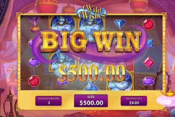 A 500.00 big win is triggered by the Magical Lamp Feature during the free games feature.
