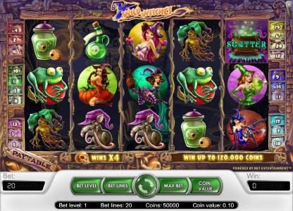 main game board featuring five reels, twenty paylines and a chance to win up to 120,000 coins