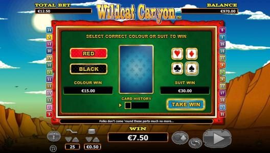 Gamble feature is available after each winning spin. Select color or suit to play.