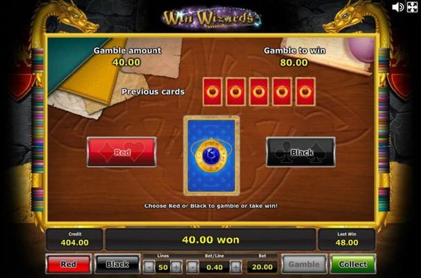 Gamble Feature - To gamble any win press Gamble then select Red/Black.