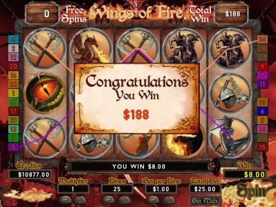Free Spins feature pays out a $188 prize award.