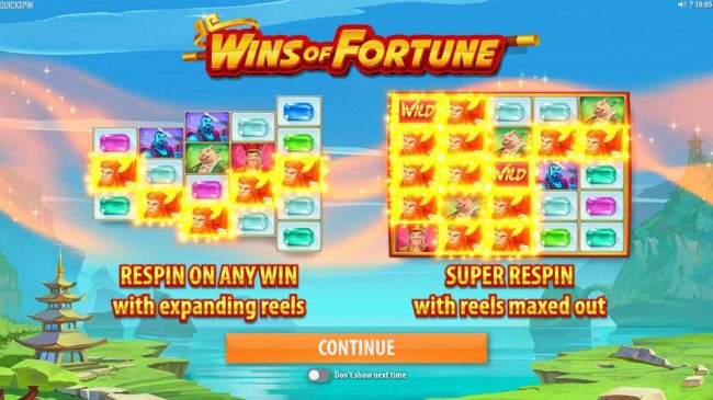 Game features include: Respin on any win with expanding reels and Super Respin with reels maxed out.