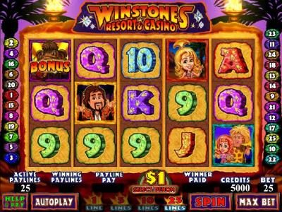 Main game board featuring five reels and 25 paylines with a $2,000 max payout
