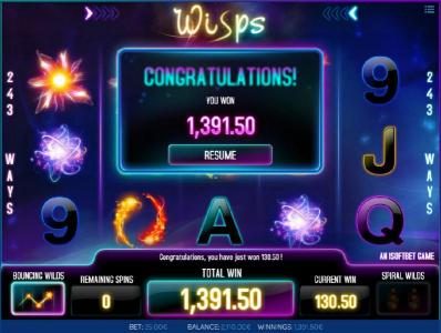 Free Spins feature pays out a total award of 1,391.50 big win!
