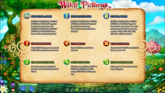 Witches Bonus symbols and what they provide during the free spins. You can select 1 item from each witch during the Witches Bonus round. The selected options will be sued during the free games and the possibilities to win big are within reach.