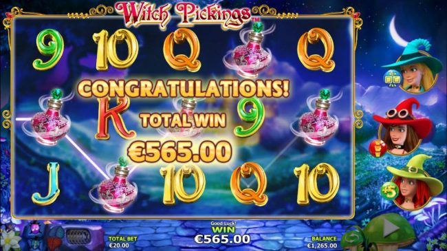 The Witches Bonus feature pays out a total of 565.00 for a super win!