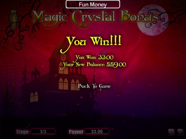 Magic Crystal Bonus feature awards 33.00 in prize money.