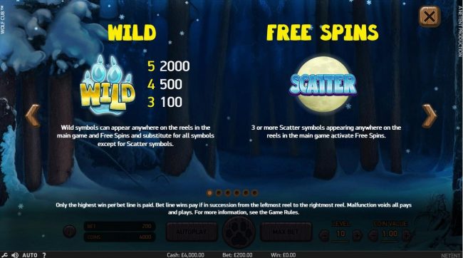 Wild symbols can appear anywhere on the reels in the main game and Free Spins and substitute for all symbols except scatter symbols. A Wild symbol five of a kind pays 2000 coins. 3 or more scatter symbols appearing anywhere on the reels in the main game a
