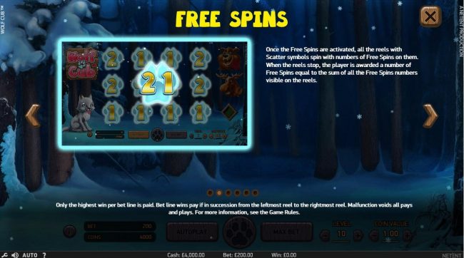 Once the free spins are activated, all the reels with scatter symbols spin with numbers of free spins on them. When the reels stop, the player is awarded a number of free spins equal to the sum of all the free spins numbers visible on the reels.