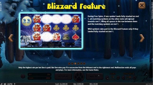 Blizzard Feature - During Free Spins, if one symbol lands fully stacked on reel 1, all matching symbols on the other reels will spread towards reel 1, filling spaces in the row between them and matching symbols on reel 1. Wild symbol take part in the Bliz