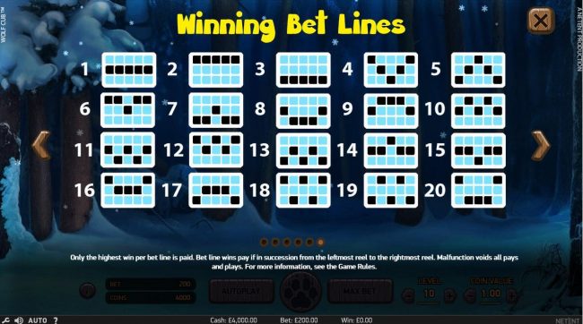 Payline Diagrams 1-20. Only highest win per bet line is paid. Bet line wins pay if in succession from the leftmost reel to the rightmost reel.