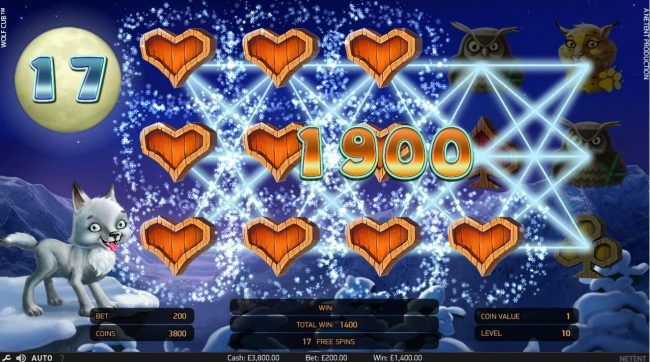 A 1,900.00 big win triggered by the Blizzard Feature during the free spins feature.