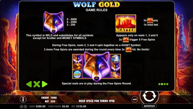 Wolf is the wild symbol and substitutes for all symbols except scatter and money symbols. Scatter appears on reels 1, 3 and 5, 3x scatters trigger 5 free spins.