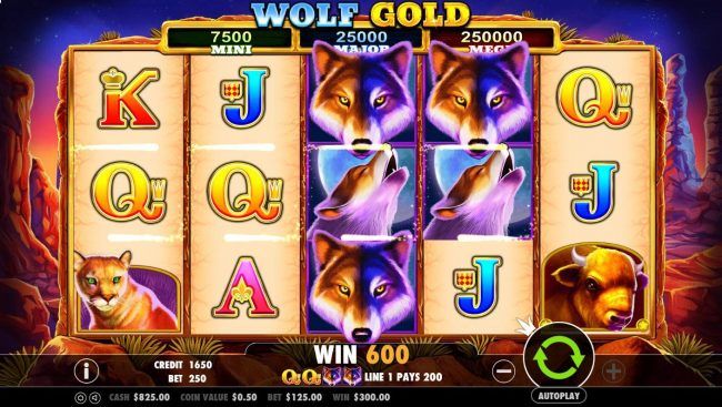 Stacked wolf wild symbols trigger multiple winning paylines awarding player with a 600 coin jackpot.