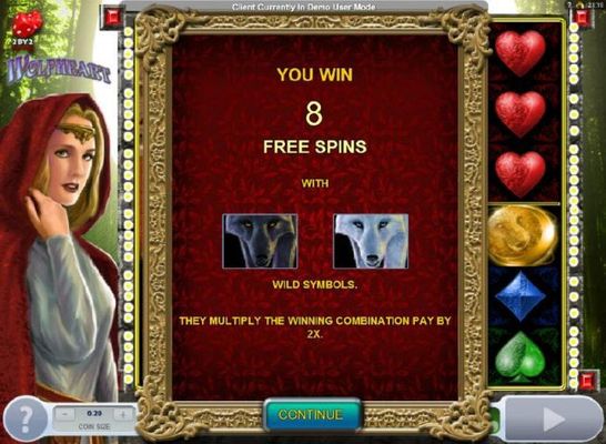 8 free spins awarded with both the black and white wolf symbols wild. They multiply winning combinations by 2x.