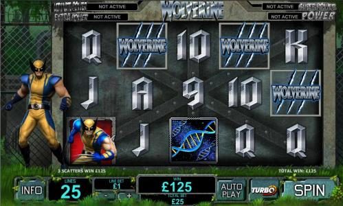 three wolverine symbols triggers 125 coin jackpot