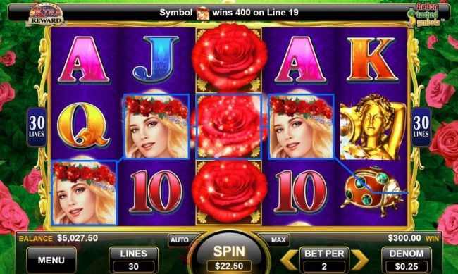 Stacked rose wild symbols triggers a 300 jackpot