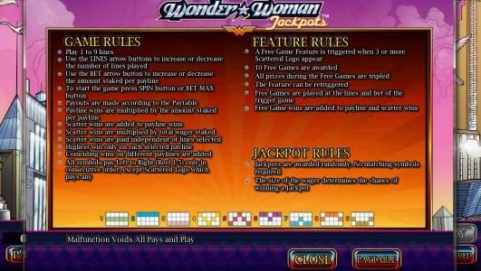 Game Rules, Feature Rules, Jackpot Rules and Payline Diagrams 1-9