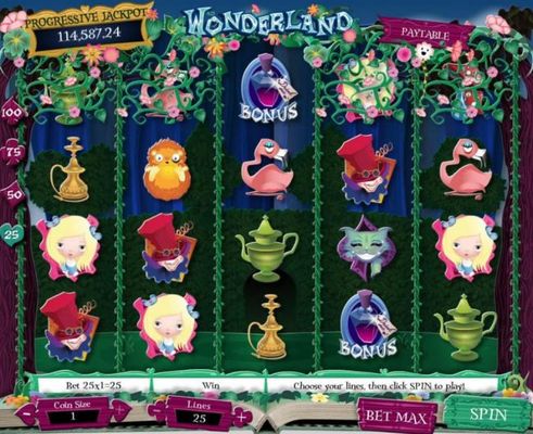 A fairy tale themed main game board featuring five reels and 100 paylines with a progressive jackpot max payout