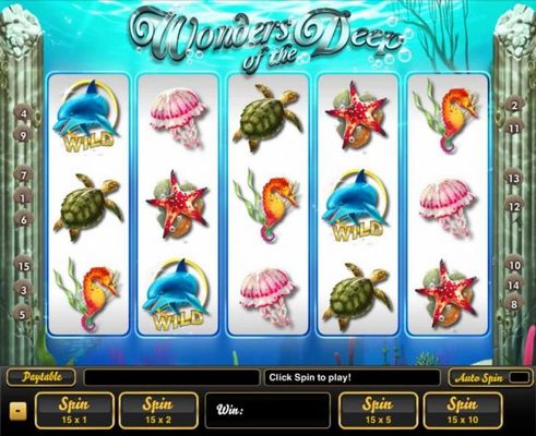 An undersea adventure themed main game board featuring five reels and 15 paylines with a $100,000 max payout