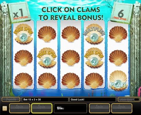 Select clams to reveal free spins and multipliers. Pick feature ends when a Play is revealed.