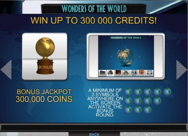 Win up to 300,000 credits! A minimum of 3 symbols anywhere on the screen activate the bonus round.